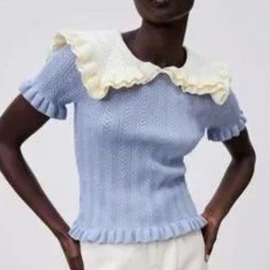 I ACCEPT OFFERS! Zara Knit Periwinkle/Cream Ruffle Bib Collar Blouse. WMNS: L.